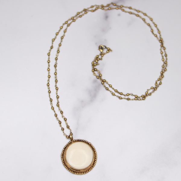 Vintage Round Ivory Bone Pendant on Antiqued Gold Ball Chain