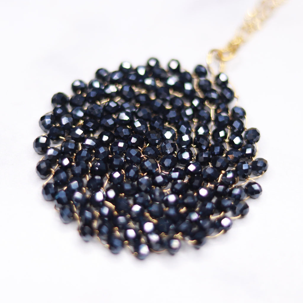 Gold Filled Metallic Black Midnight Swarovski Crystal Woven Round Pendant Necklace  NEW