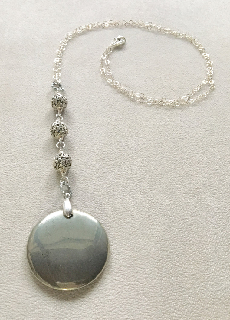 Long Pendant Round Pyrite with Pave Beads necklace
